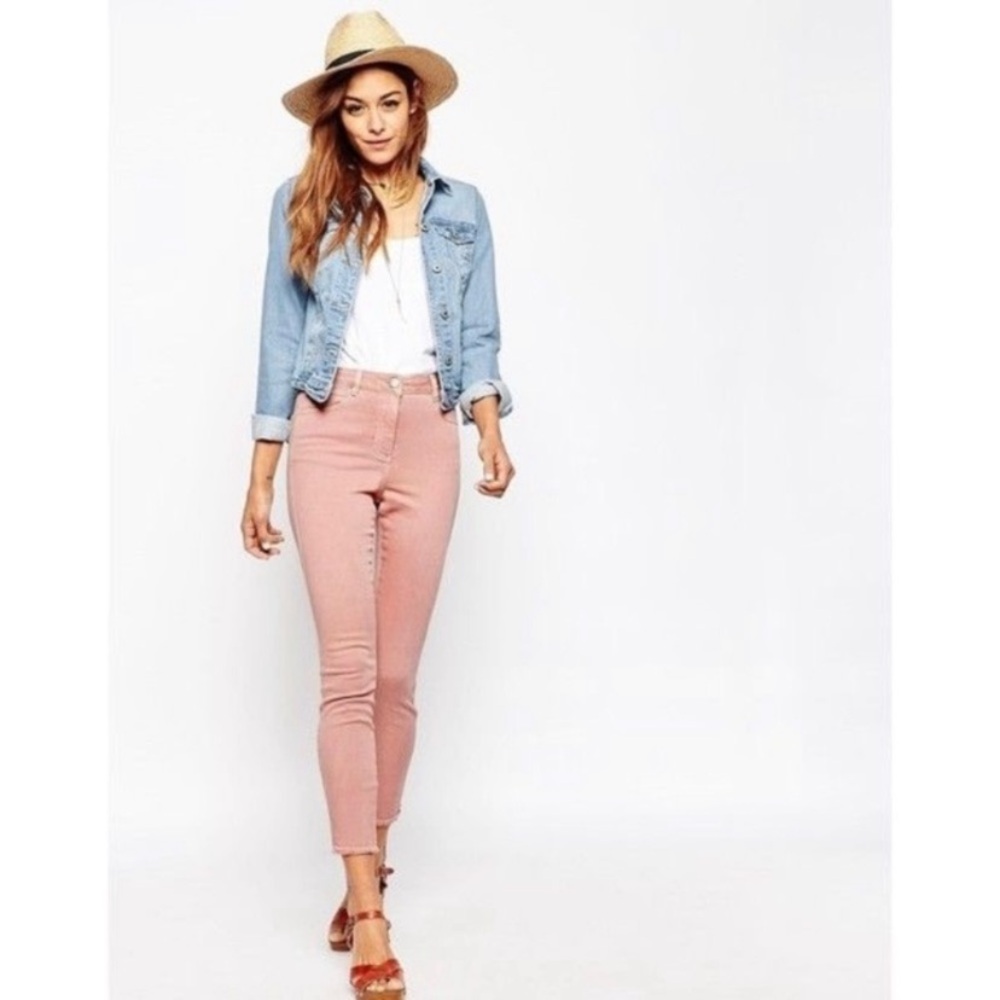 ASOS Womens Skinny Jeans Size 2 Ankle Raw Hem High Rise Pockets Solid Blush Pink